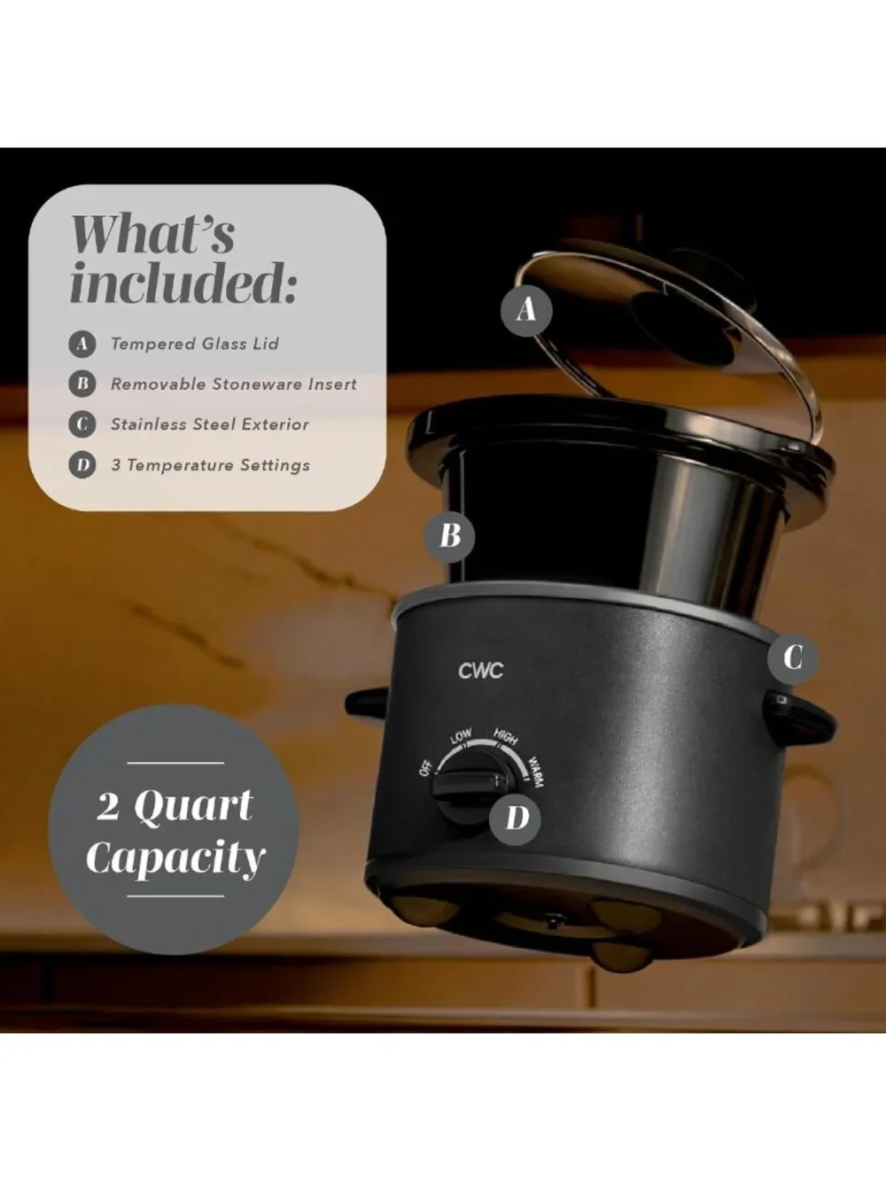 Mini Electric Round Slow Cooker 2QT - Adjustable, Removable Pot, Glass Lid
